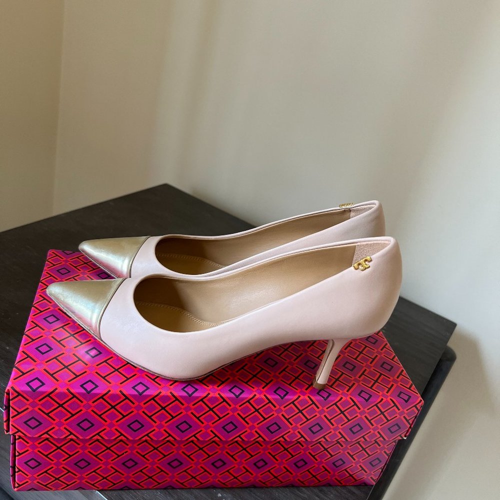 tory Burch penelope 65mm cap-toe pump light-taupe spark gold size 7.5 new with b